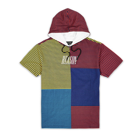 Malcolm Stripe Short Sleeve Hoodie // Red + Blue + Yellow (S)