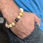 Chrysanthemum + Picture Jasper + Onyx Mix Bead Bracelet // Brown + Black + Rose Gold