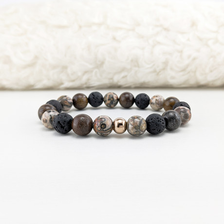 Leopard Skin Jasper + Bronzite + Lava Mix Bead Bracelet // Brown + Black