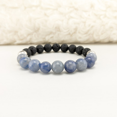 Blue Aventurine + Lava Mix Bead Bracelet // Blue + Black + Silver