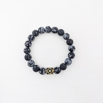 Matte Snowflake Obsidian Bead Bracelet // Black + White + Gold