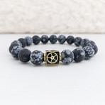 Matte Snowflake Obsidian Bead Bracelet // Black + White + Gold