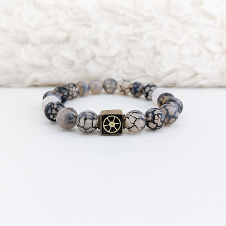 Dragon Veins Agate Bead Bracelet // Black + Gray + Gold