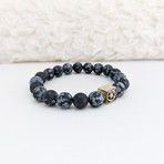 Matte Snowflake Obsidian Bead Bracelet // Black + White + Gold