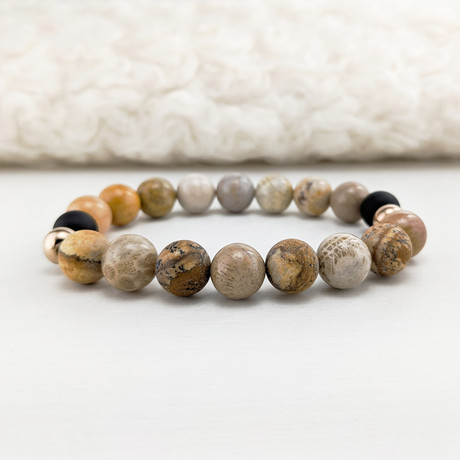 Chrysanthemum + Picture Jasper + Onyx Mix Bead Bracelet // Brown + Black + Rose Gold