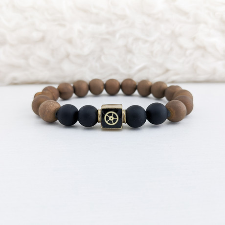 Electroplated Druzy Agate + Onyx Mix Bead Bracelet // Brown + Black + Gold