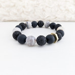 Striped Agate + Black Agate + Lava Mix Bead Bracelet // Cream + Black + Gold