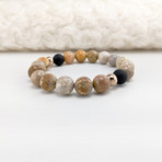 Chrysanthemum + Picture Jasper + Onyx Mix Bead Bracelet // Brown + Black + Rose Gold