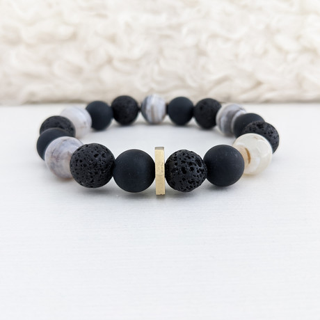 Striped Agate + Black Agate + Lava Mix Bead Bracelet // Cream + Black + Gold