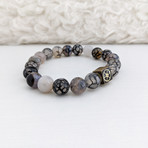 Dragon Veins Agate Bead Bracelet // Black + Gray + Gold