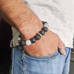 Striped Agate + Black Agate + Lava Mix Bead Bracelet // Cream + Black + Gold