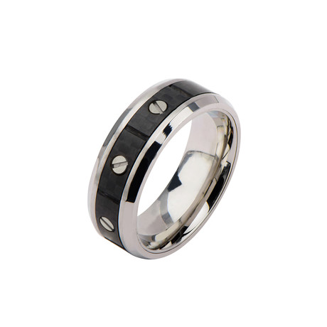 Stainless Steel + Solid Carbon Fiber Screw Ring // Silver + Black (Ring Size: 9)
