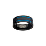 Stainless Steel Lines + Carbon Fiber Hammered Ring // Black + Blue (Size 9)