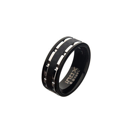 Stainless Steel Lines + Carbon Fiber Hammered Ring // Silver + Black (Size 9)