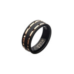 Stainless Steel Lines + Carbon Fiber Hammered Ring // Black + Rose Gold (Size 9)