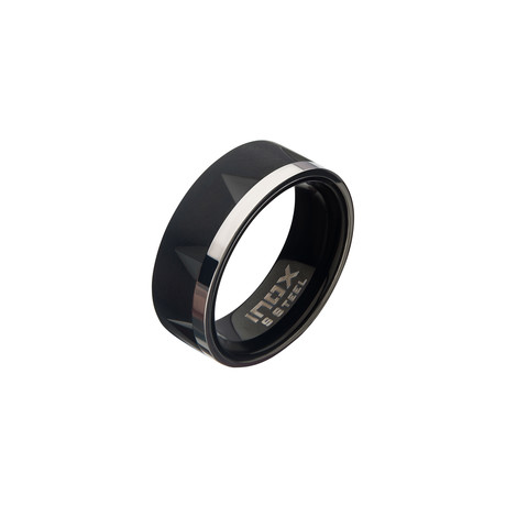 Matte Stainless Steel + Polished Accent Notch Ring // Black + Silver (Size 9)