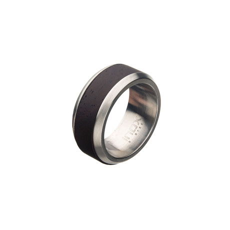 Stainless Steel + Safflower Pear Wood Ring // Silver + Black (Size 9)