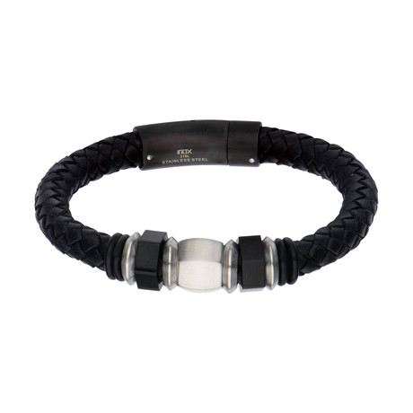 Steel Bead + Braided Leather Bracelet // Black