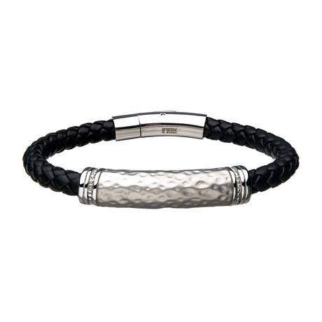 Stainless Steel + Leather Hammered Station Bracelet // Black