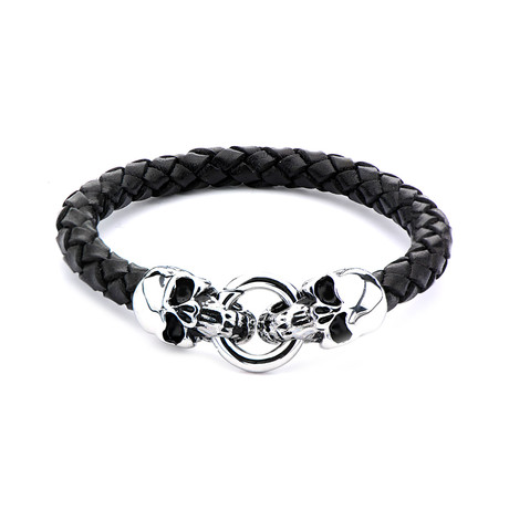 Leather + Steel Skull Bracelet // Black