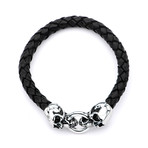 Leather + Steel Skull Bracelet // Black