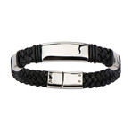 Braided Leather + Steel Bar Bracelet (Black + Silver)
