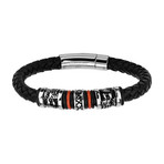 Steel Bead + Braided Leather Bracelet // Black + Red