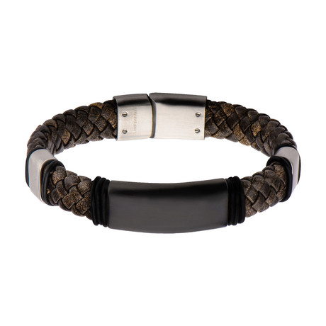 Braided Leather + Steel Bar Bracelet (Brown)