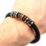 Steel Bead + Braided Leather Bracelet // Black + Red