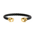 Leather Weave + Skull Cuff Bangle (Black + Silver)