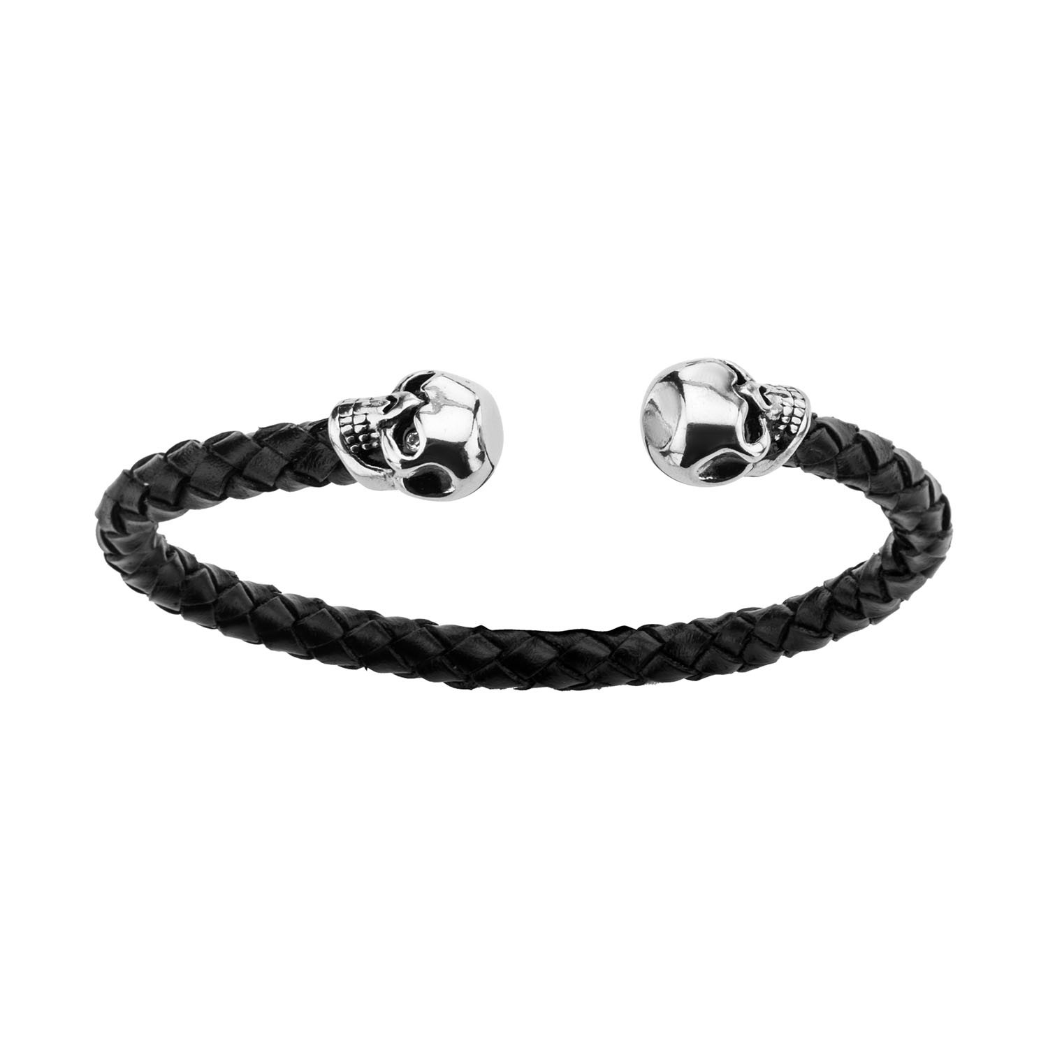 Braided Leather + Skull Ends Cuff Bracelet // Black - Inox - Touch of ...
