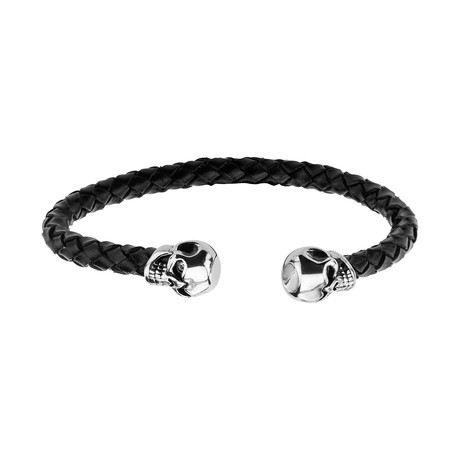 Braided Leather + Skull Ends Cuff Bracelet // Black