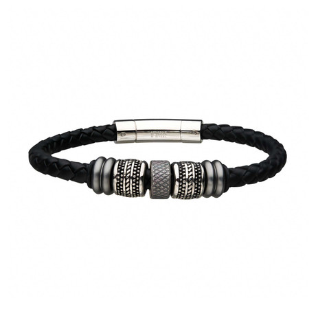 Braided Leather + Steel Beads Station Bracelet // Black