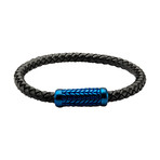 Braided Leather + Patterned Magnetic Center Bracelet // Black + Blue + Steel