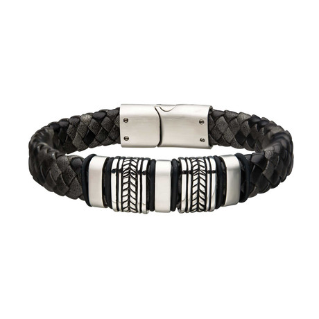 Braided Leather + Antique Finish Beads ID Bracelet // Black