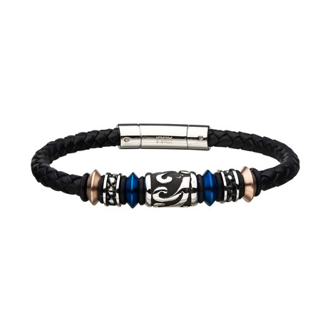 Braided Leather + Steel Drum Bead Station Bracelet // Black