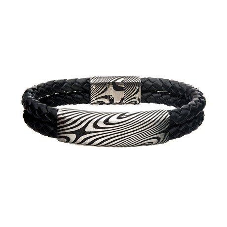 Double Braided Leather + Damascus Steel ID Bracelet // Black