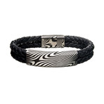 Double Braided Leather + Damascus Steel ID Bracelet // Black