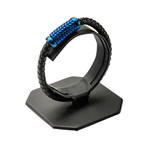 Braided Leather + Patterned Magnetic Center Bracelet // Black + Blue + Steel