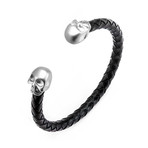 Leather Weave + Skull Cuff Bangle (Black + Silver)