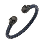 Leather Weave + Skull Cuff Bangle (Black + Silver)