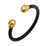 Leather Weave + Skull Cuff Bangle (Black + Silver)