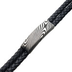 Double Braided Leather + Damascus Steel ID Bracelet // Black