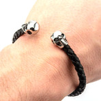 Braided Leather + Skull Ends Cuff Bracelet // Black