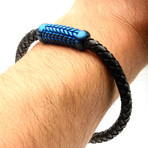 Braided Leather + Patterned Magnetic Center Bracelet // Black + Blue + Steel