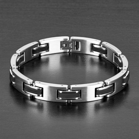 Stainless Steel + Rubber Inlay Link Bracelet // Black + Silver // 10mm