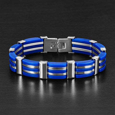 Stainless Steel + Rubber Link Bracelet // Blue + Silver
