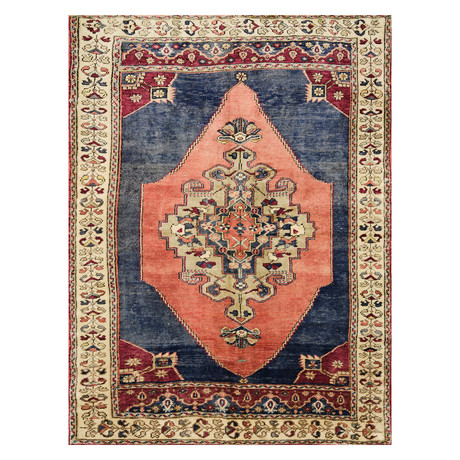 Hand Knotted Oriental Area Rug // Blue + Red // 3'9" x 4'10"