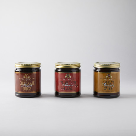 Jar Set // Liqueur + Wine Chocolate Sauce // 3-Pack // Caramel Brandy + Italian Cherry Merlot Fudge + Merlot Fudge