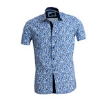 Circle Print Short Sleeve Button Down Shirt // White + Blue (XL)